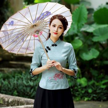 維拉森林-玩美衣櫃立領斜襟中國風刺繡復古七分袖女上衣S-4XL(共四色)