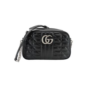 Gucci GG Marmont 绗縫銀鏈小號斜背包-24cm(447632-黑)