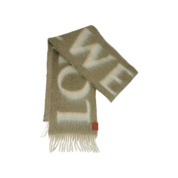 Loewe 品牌logo馬海毛混羊毛流蘇圍巾(卡其綠/白)