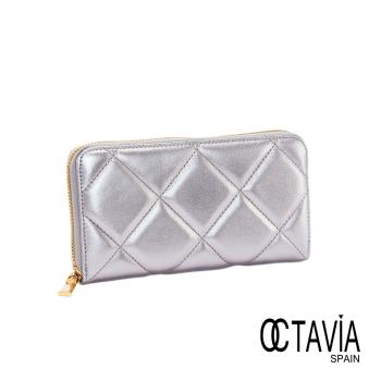 OCTAVIA8 真皮- 貴氣 淺金銀系氣質羊皮拉鍊零錢包 - 大格紋銀