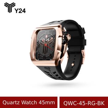 送原廠錶帶-【Y24】 Quartz Watch 45mm 石英錶芯手錶 QWC-45-RG-BK 黑/玫瑰金 (含錶殼)