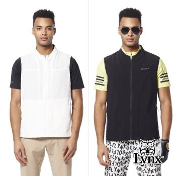 【Lynx Golf】男款抗UV吸排機能輕薄舒適剪接沖孔LOGO字樣配布造型拉鍊口袋無袖背心(二色)