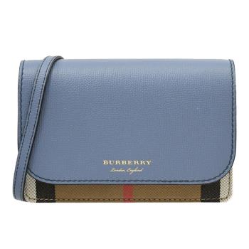 BURBERRY 8062808 HAMPSHIRE 燙金LOGO格紋棉麻斜背包.淺藍