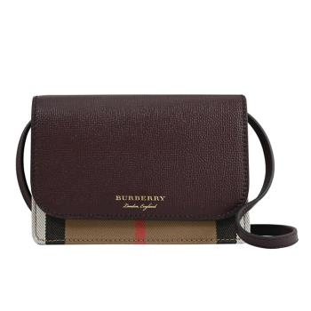 BURBERRY 8046318 HAMPSHIRE 燙金LOGO格紋棉麻斜背包.酒紅