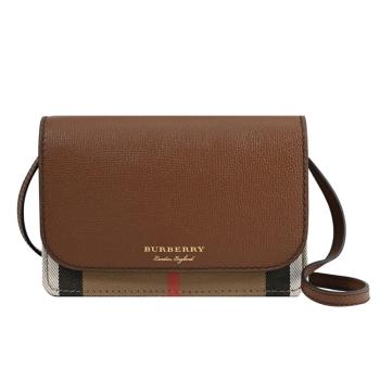 BURBERRY 8046321 HAMPSHIRE 燙金LOGO格紋棉麻斜背包.咖