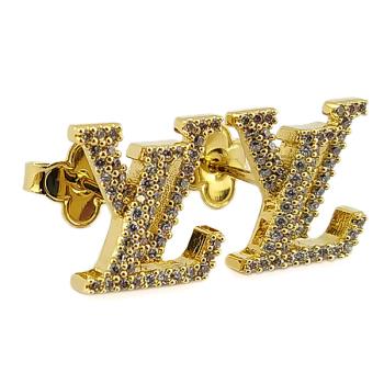 LV 鑲水晶萊茵石LV字樣墜飾金色金屬耳環