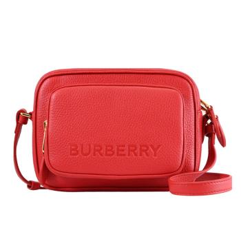 BURBERRY 8061570 壓紋LOGO牛皮前口袋斜背相機包.紅
