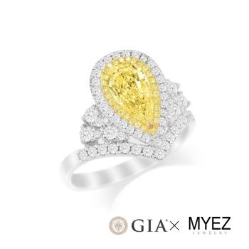 MYEZ GIA 一克拉 水滴形 梨形 天然黃彩鑽石18K金鑽戒 露滴(Fancy Light Yellow)