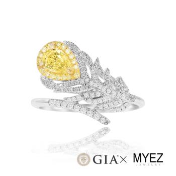 MYEZ GIA 一克拉 水滴形 梨形 天然黃彩鑽石18K金鑽戒 天使羽翼(Fancy Light Yellow)