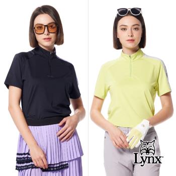 【Lynx Golf】首爾高桿風格！女款銀離子抗菌除臭左肩剪接造型山貓膠標短袖立領POLO衫/高爾夫球衫-黑色
