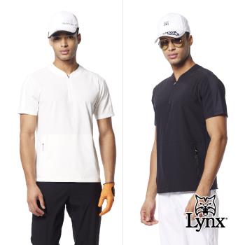 【Lynx Golf】首爾高桿風格！男款合身版吸排抗UV機能後片沖孔字樣布料剪接造型拉鍊口袋設計短袖立領POLO衫/高爾夫球衫-白色