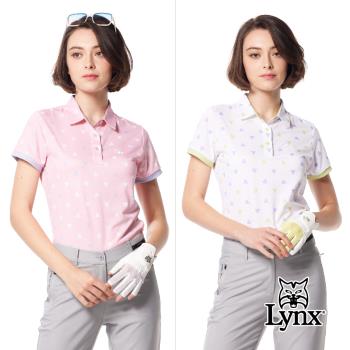 【Lynx Golf】女款吸溼排汗機能水波紋布料滿版小三角印花山貓膠標開杈款短袖POLO衫/高爾夫球衫-白色
