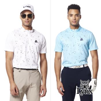 【Lynx Golf】男款吸排機能彈性水波紋材質Lynx Golf字樣造型短袖立領POLO衫/高爾夫球衫-白色