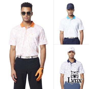 【Lynx Golf】男款吸溼排汗機能織紋布材質滿版扶桑花造型胸袋款短袖POLO衫/高爾夫球衫-橘色