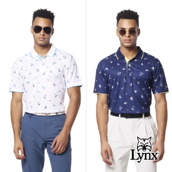 【Lynx Golf】男款吸溼排汗機能織紋布材質滿版熱帶風情印花配色條領短袖POLO衫/高爾夫球衫-白色