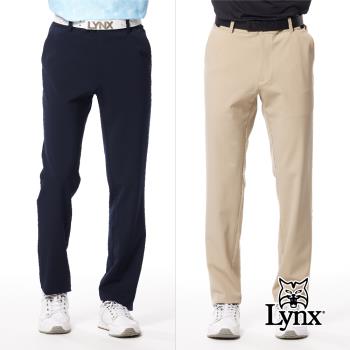 【Lynx Golf】男款日本進口面料吸排涼感機能彈性舒適配布剪接造型口袋貼膜設計平口休閒長褲-深藍色