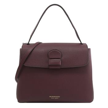 BURBERRY 4061175 燙金LOGO棉麻牛皮大翻蓋兩用包.酒紅