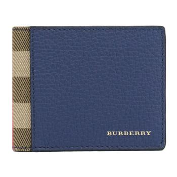 BURBERRY 4062934 燙金LOGO格紋棉麻對開6卡短夾.寶藍