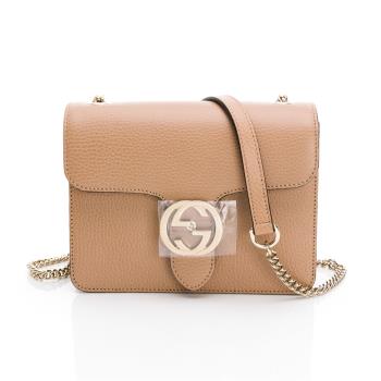 GUCCI Marmont T型logo翻蓋粒紋雙層鏈帶肩 斜背包 粉膚色 荔枝紋