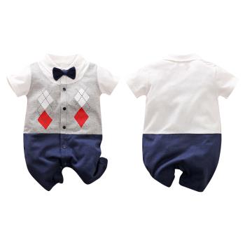 Colorland-新生兒連身裝 哈衣 嬰兒短袖連身衣 包屁衣 格子紳士款 下擺開扣