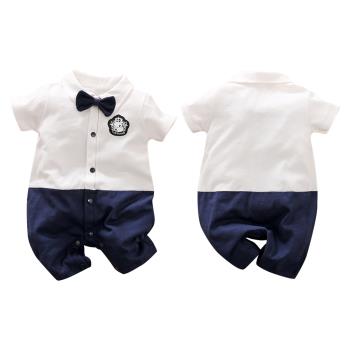 Colorland-新生兒連身裝 哈衣 嬰兒短袖連身衣 包屁衣 白色紳士款 下擺開扣