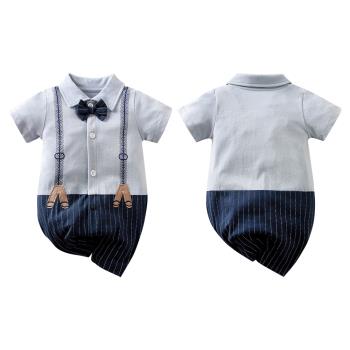 Colorland-新生兒連身裝 哈衣 嬰兒短袖連身衣 包屁衣 灰藍紳士款 下擺開扣