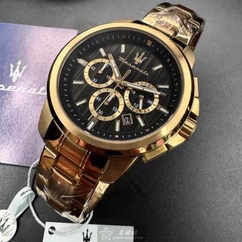 MASERATI 瑪莎拉蒂男錶 44mm 金色圓形精鋼錶殼 黑色三眼, 中三針顯示錶面款 R8873621013