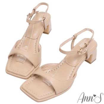 Ann’S美化腳版加圍邊-一字帶粗跟方頭涼鞋5cm-杏