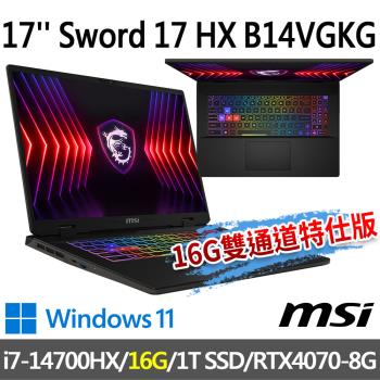 msi Sword 17 HX B14VGKG-025TW 17吋(i7-14700HX/16G/1T SSD/RTX4070/-16G雙通道特仕版)