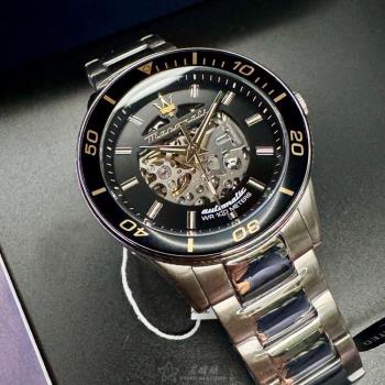 MASERATI 瑪莎拉蒂男錶 46mm 銀圓形精鋼錶殼 黑色雙面機械鏤空鏤空中三針顯示水鬼錶面款 R8823140008