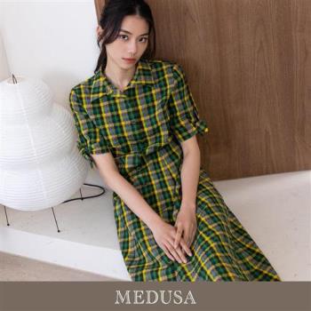 現貨【MEDUSA 曼度莎】泡泡格綠色襯衫領休閒洋裝（M-XL）｜連身裙 休閒洋裝 短袖洋裝