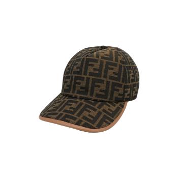 Fendi FF Logo緹花布皮革飾邊棒球帽(FXQ768-棕)