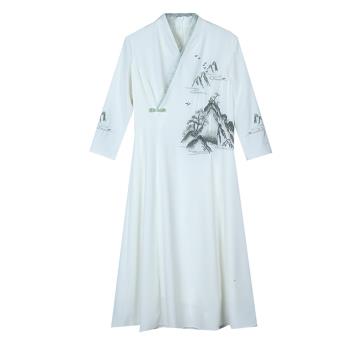 REKO-玩美衣櫃中式山水繡花米白雪紡旗袍洋裝M-3XL