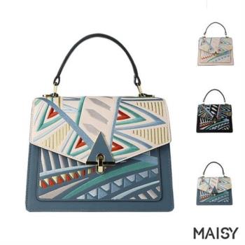 【MAISY】輕奢時尚異國風情幾何拼色刺繡手提包(現+預 米色／黑色／藍色)