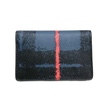 COACH 時尚手繪風格紋對開式短夾卡片夾 黑+藍色