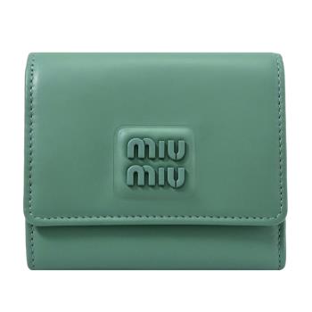 MIU MIU 5MH043 浮雕LOGO扣式三折零錢短夾.鼠尾草綠