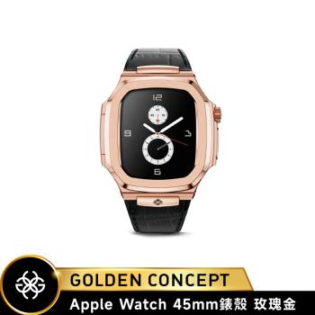 【Golden Concept】Apple Watch 45mm錶殼 玫瑰金錶框 黑皮革錶帶 WC-ROL45-RG-BK