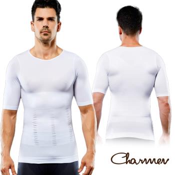Charmen NY094 加壓束胸收腹無痕緊身短袖 男性塑身衣 白色