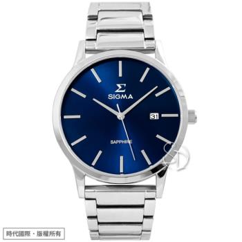 【SIGMA】簡約時尚 藍寶石鏡面 日期顯示 鋼錶帶男錶 1737M-L3 藍/銀 42mm