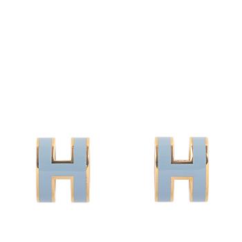 HERMES Mini Pop H立體簍空橢圓LOGO耳環(亞麻藍/金色)