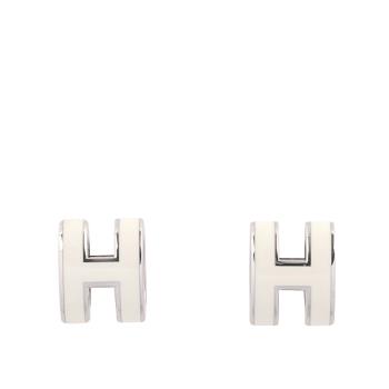 HERMES Mini Pop H立體簍空橢圓LOGO耳環(白色/銀色)