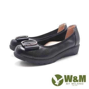 W&M(女)真皮圓頭大圓金屬釦厚底楔型跟鞋 女鞋-黑色