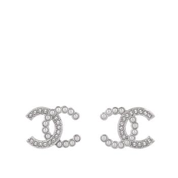 CHANEL CC Logo 水鑽及珍珠鑲飾針式耳環(銀色)