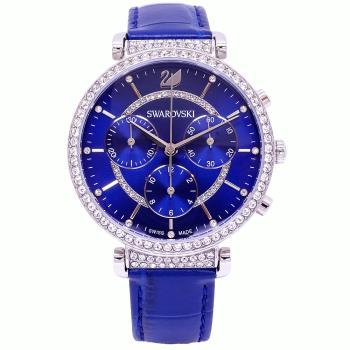 施華洛世奇SWAROVSKI 水晶的婀娜身段三眼時尚優質腕錶-藍色-5580342