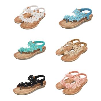 Taroko 花朵裝飾海灘風大尺碼夾腳平底鬆緊涼鞋(6色可選)