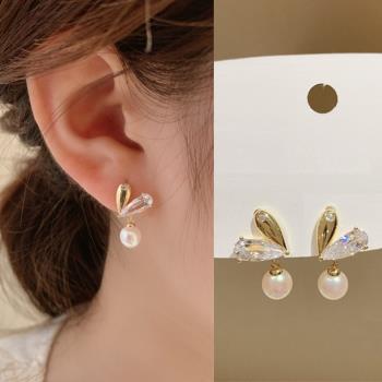 【Emi艾迷】韓系美好點鑽愛心珍珠鋯石925銀針 耳環