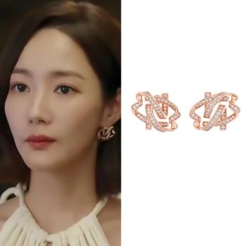 【Emi艾迷】朴敏英同款 纏繞輕奢滿鑽925銀針玫瑰金 耳環