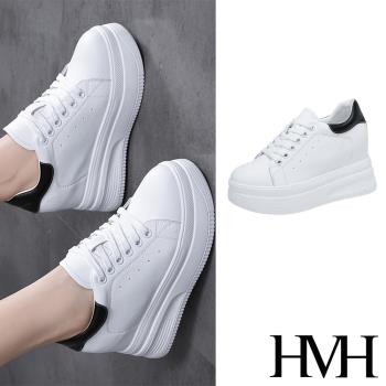 【HMH】真皮厚底休閒運動鞋/真皮厚底內增高經典時尚休閒運動鞋 女鞋 白黑