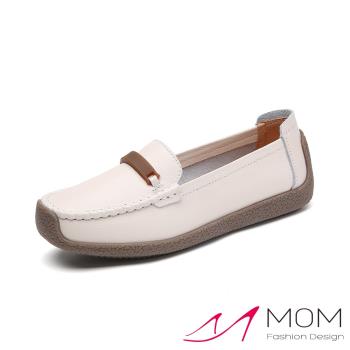 【MOM】純色平底休閒鞋/氣質純色釦帶時尚舒適平底蝸牛鞋 休閒鞋 女鞋 米
