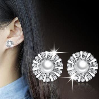 【Emi艾迷】韓系日出光影綻放珍珠向日葵鋯石 925銀針 耳環